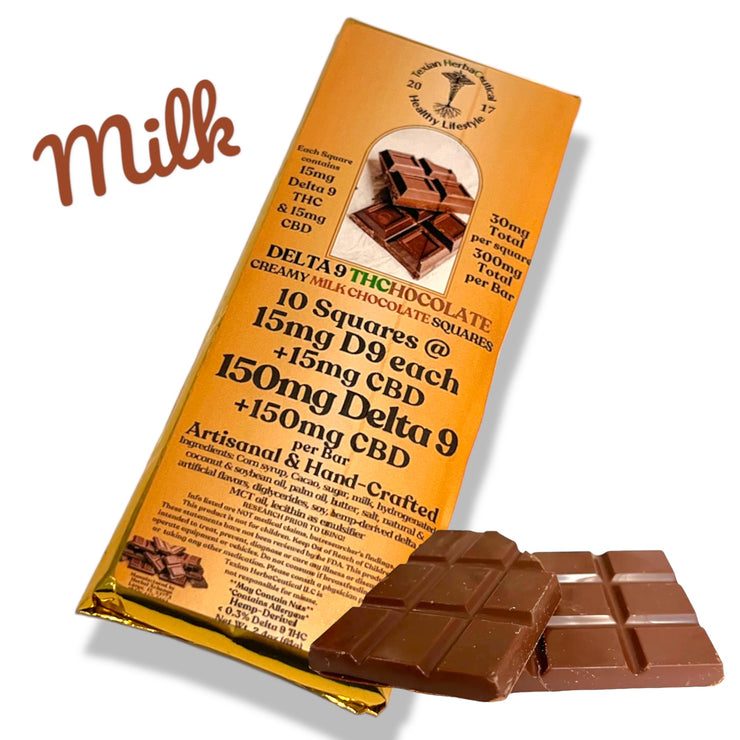 150mg Delta 9 THC (+150mg CBD) Chocolate Bar by Texian Herbaceuticals - 15mg per piece