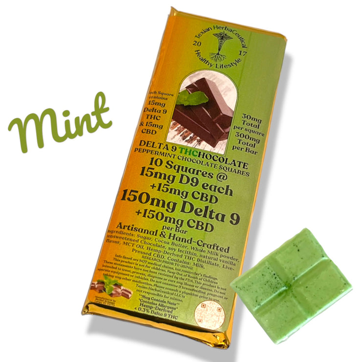 150mg Delta 9 THC (+150mg CBD) Chocolate Bar by Texian Herbaceuticals - 15mg per piece