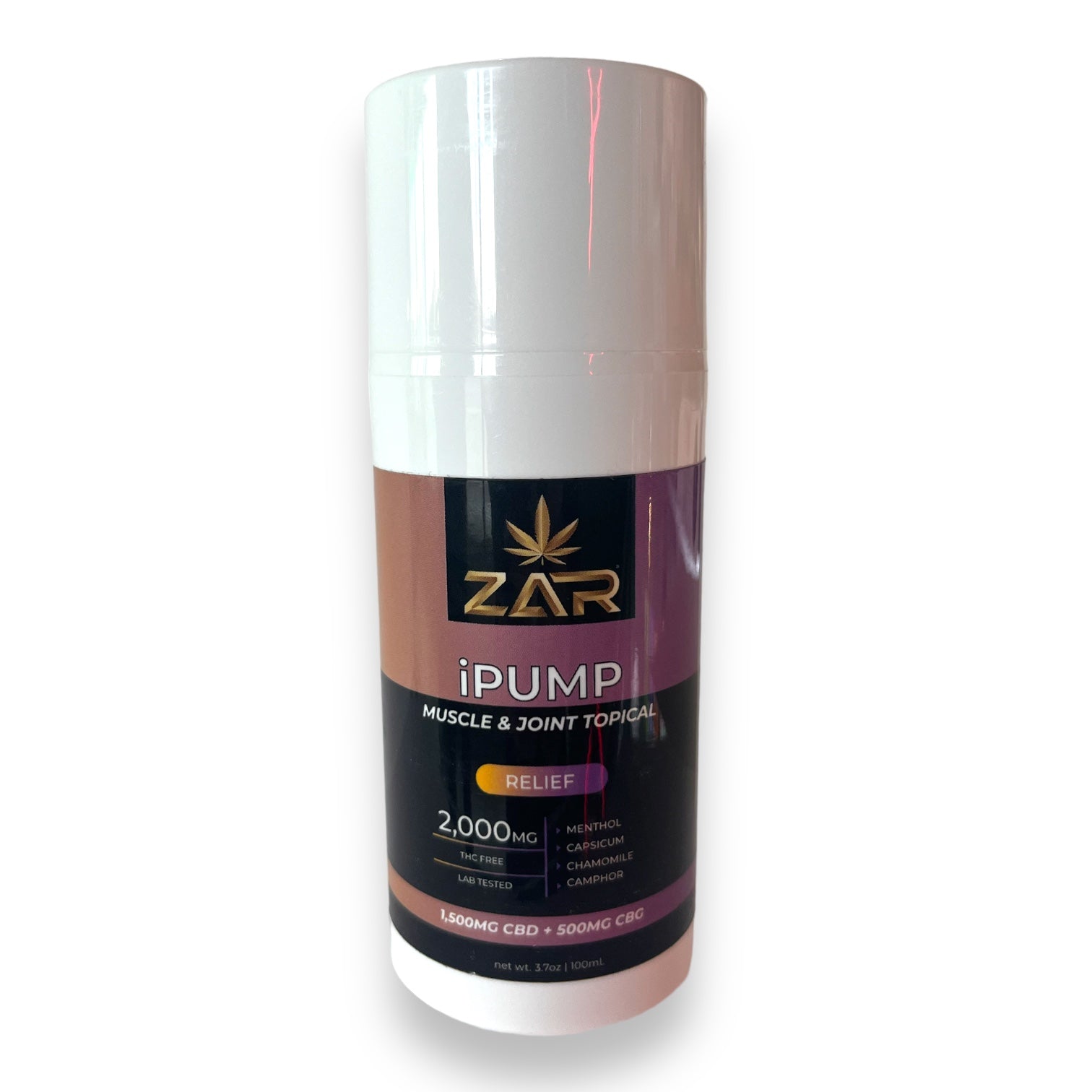 a bottle of relief cream from ZAR that contains 2000mg of cbd and cbg.