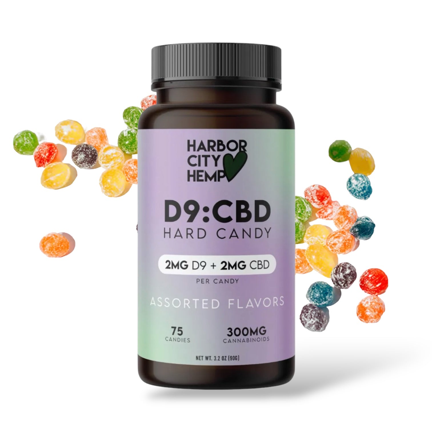 a bottle of 1:1 d9 thc and cbd hard candy lozenges.
