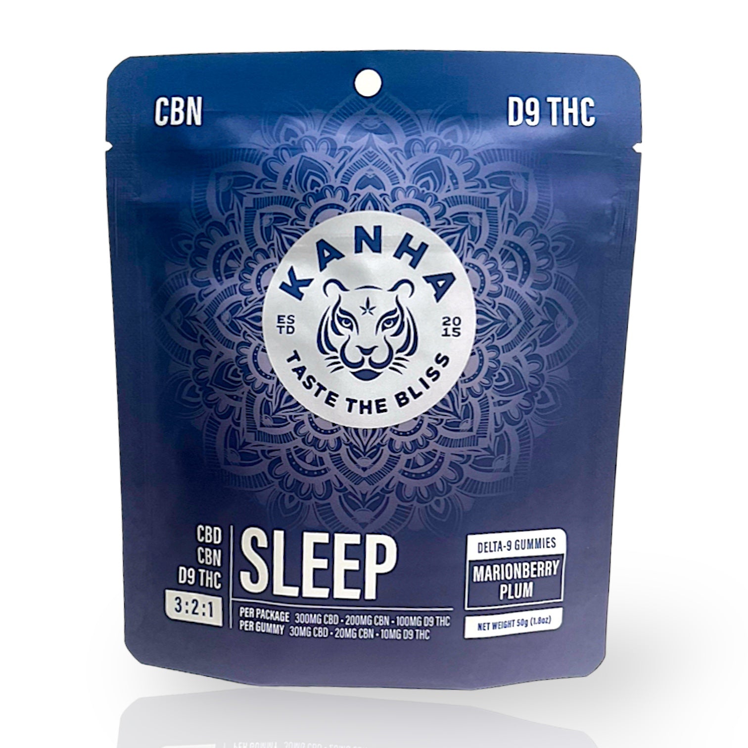 a blue bag of kanha cbd cbn and d9 thc gummies formulated to help with sleep.