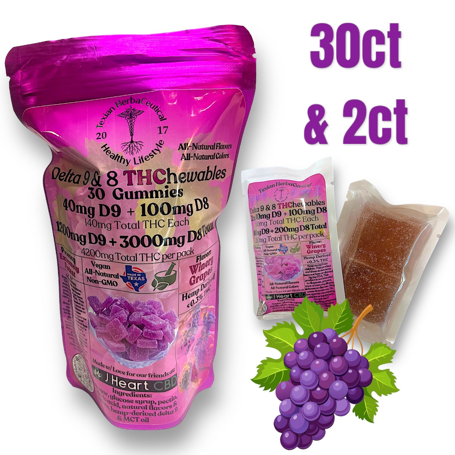 a purple bag of high potency gummies with 140mg thc 100mg d8 and 40mg d9