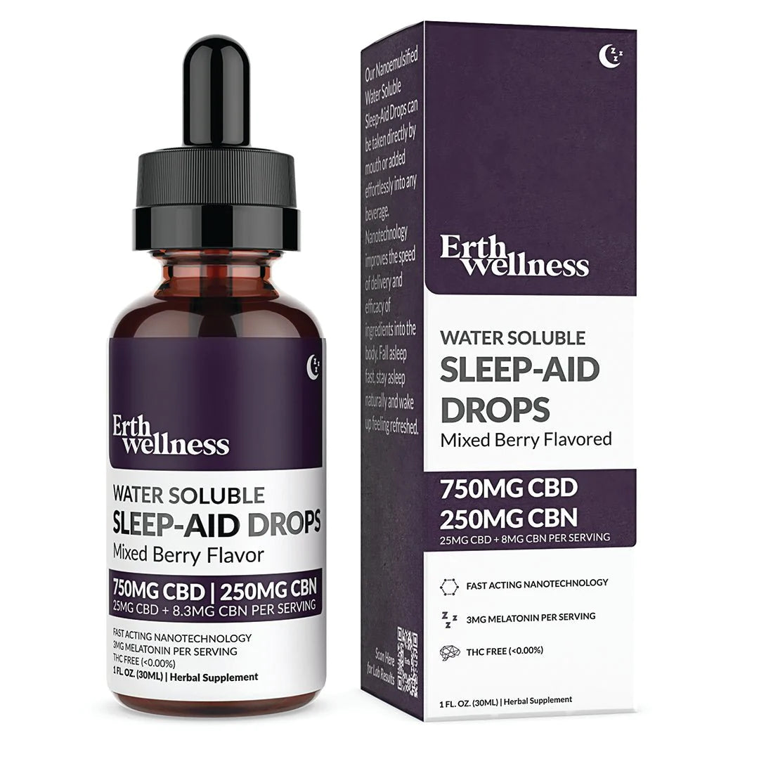 a cbd and cbn and melatonin tincture or oil bottle with a purple label.