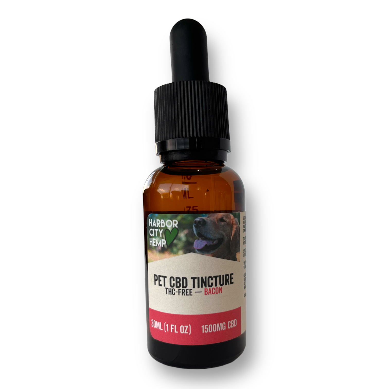 a bottle of harbor city hemp's 1500mg cbd isolate thc free bacon flavored tincture for pets and dogs