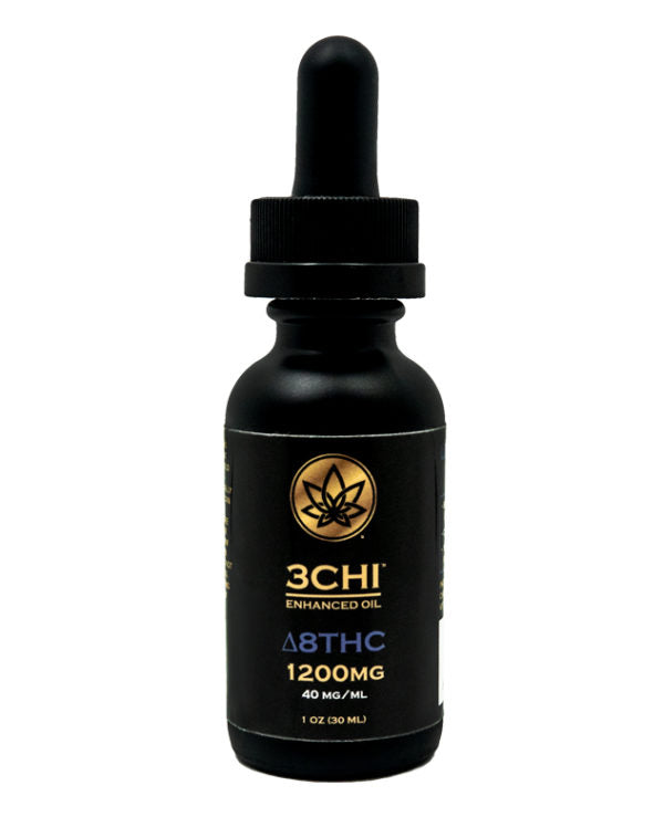 a black tincture oil bottle of 3chi ultra relaxing d8 delta 8 thc.