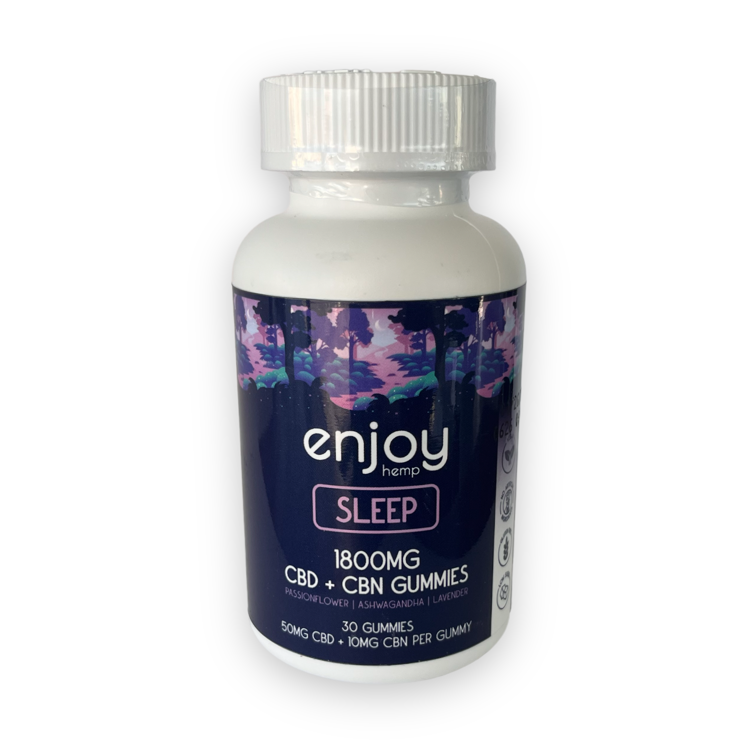 a purple bottle of sleep gummies with full spectrum cbd and cbn from enjoy hemp co.