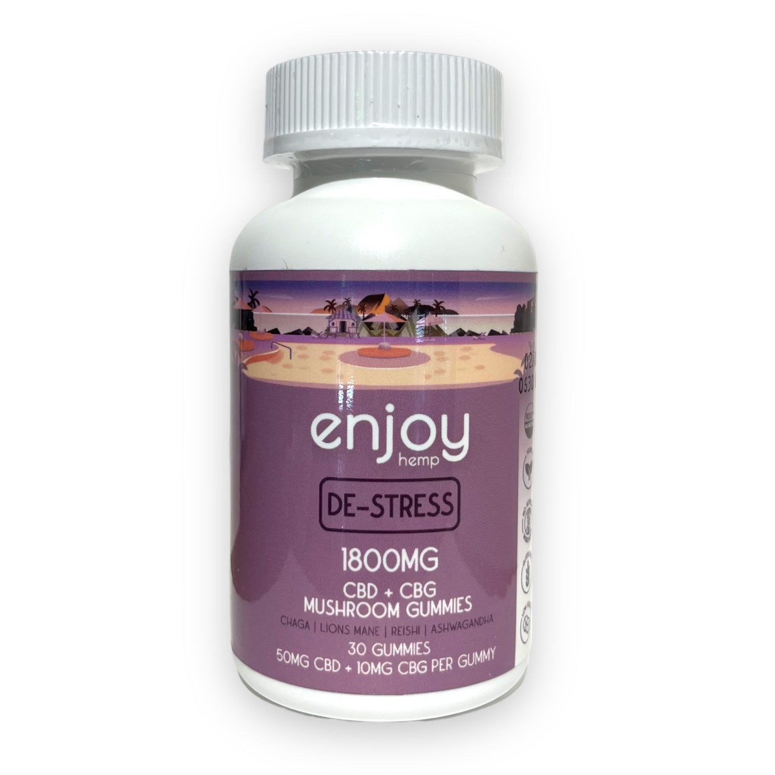 a light purple bottle of full spectrum cbd and cbg gummies with ashwagadha formulated for calming and promoting inner peace from enjoy hemp co.