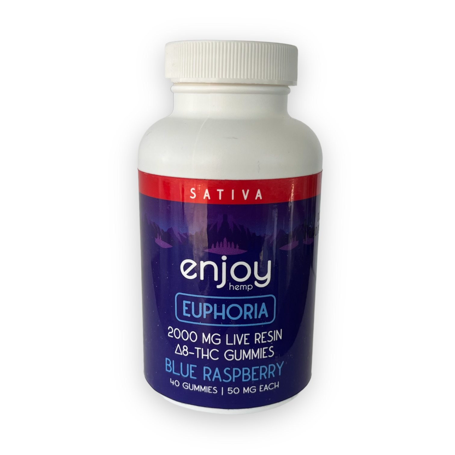 a purple blue labeled bottle of enjoy hemp co's delta 8 d8 50mg sativa euphoria edible gummies that come in a 40ct.