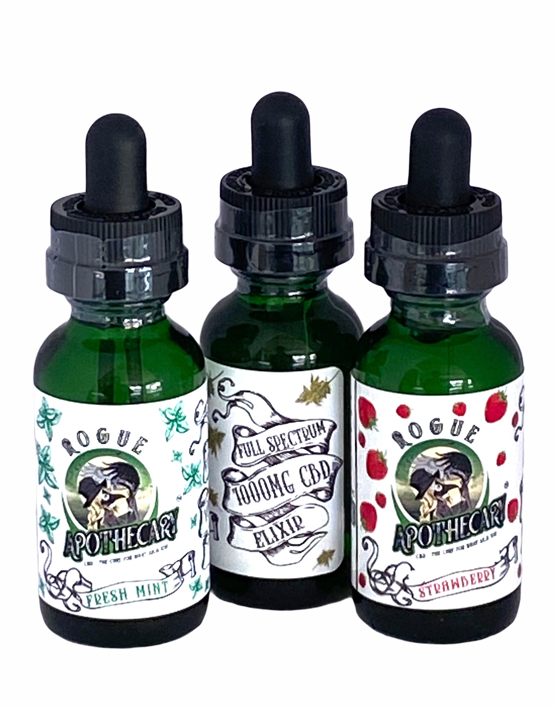 3 tincture bottles containing 1000mg of full spectrum cbd in strawberry, mint, and unflavored oil from rogue shop apothecary.