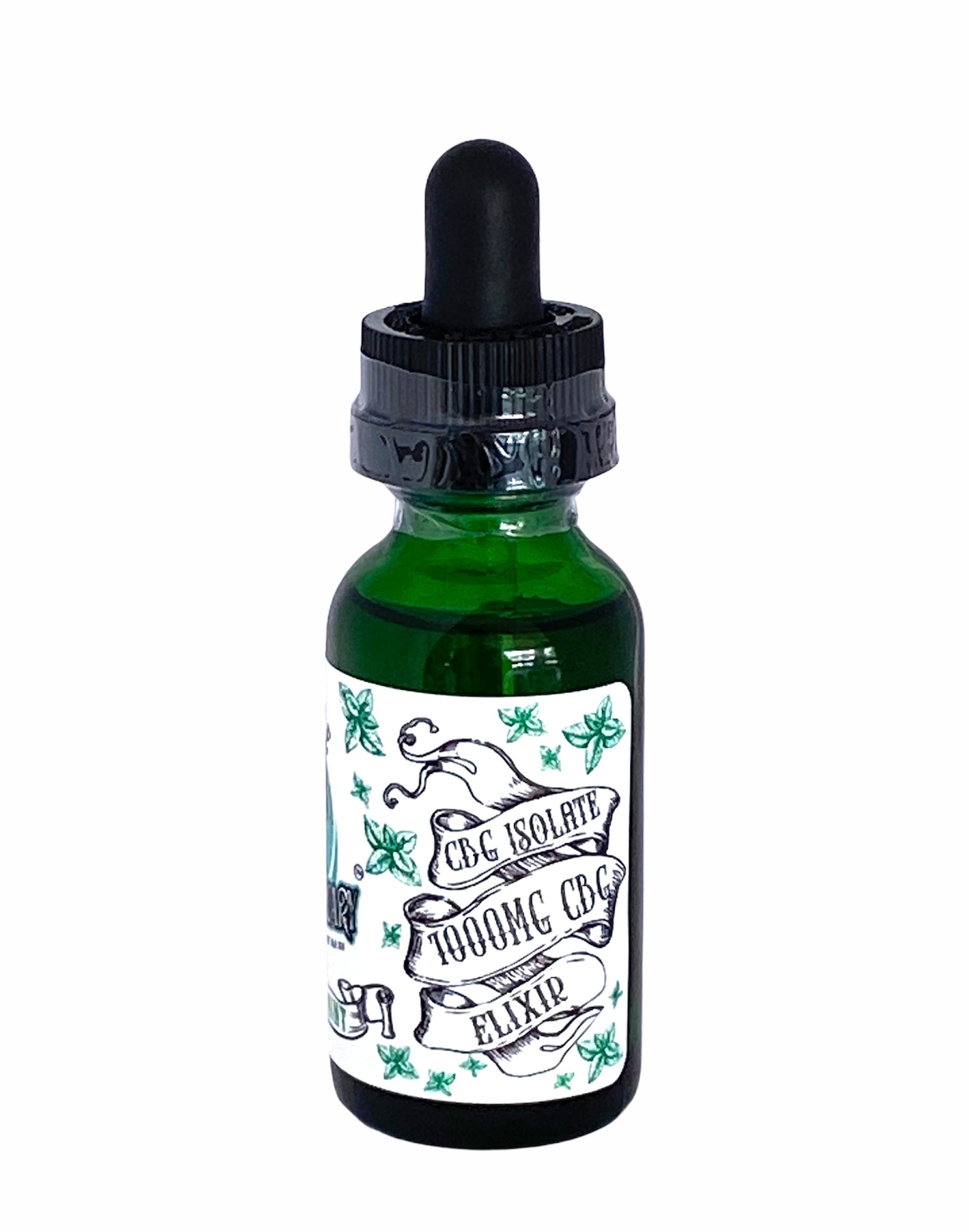 a green tincture bottle from rogue shop apothecary containing 1000mg of cbg isolate oil.