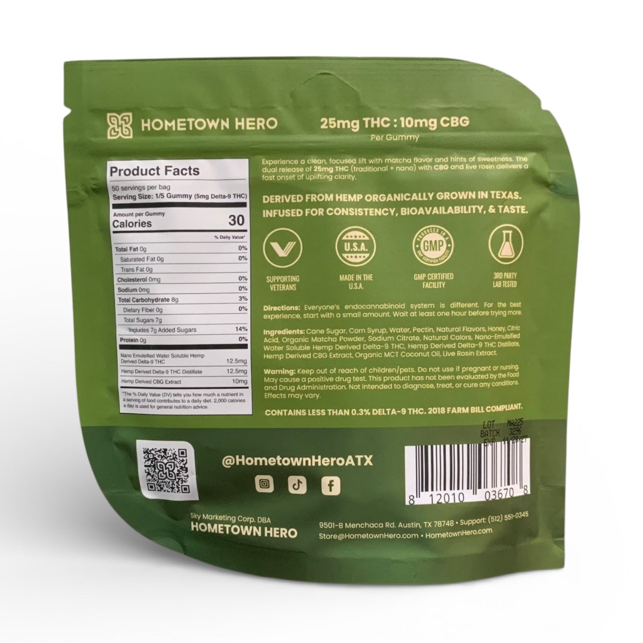 Hometown Hero - 25mg D9 : 10mg CBG - Live Rosin Matcha 10ct Gummies