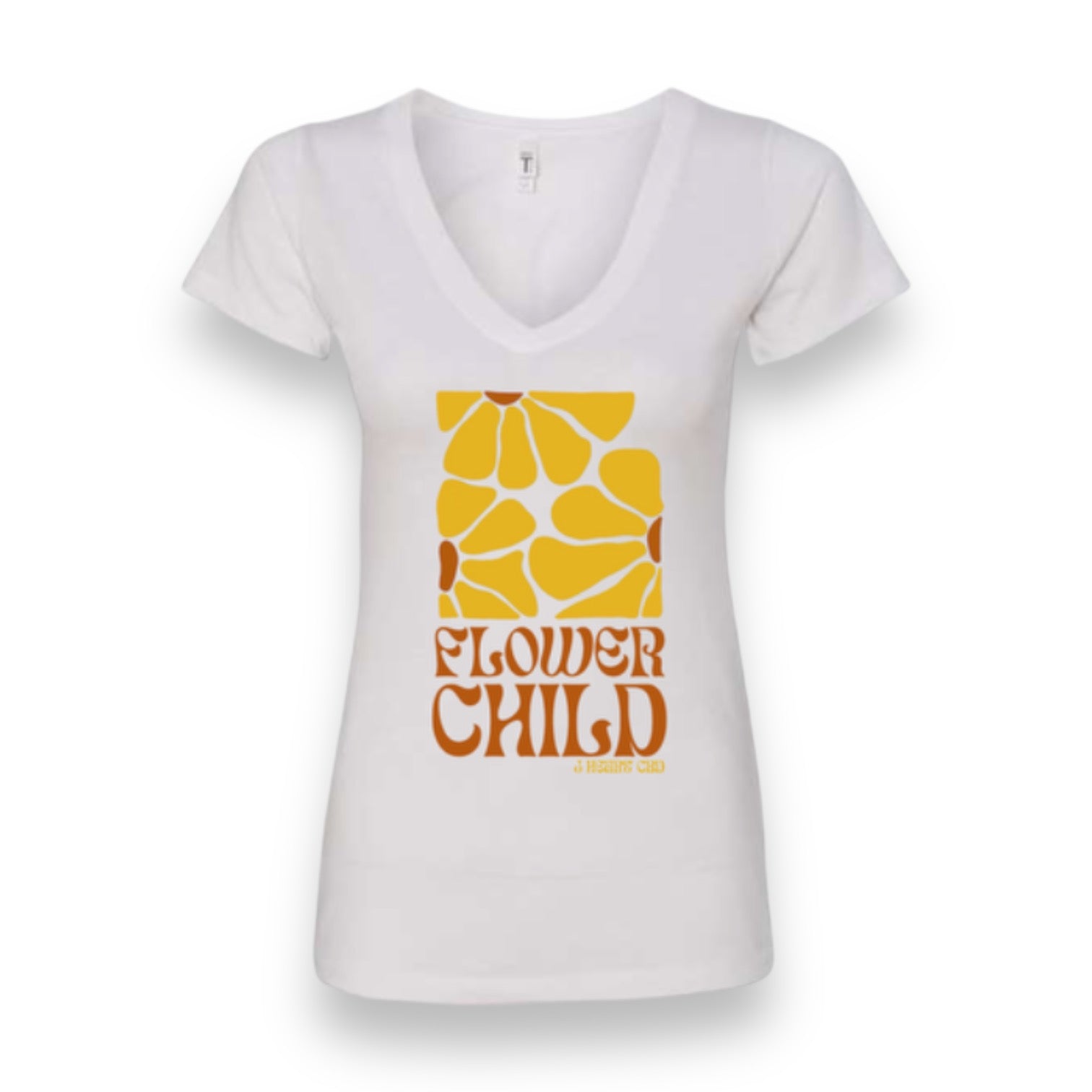 Flower child on a white women's v neck tee for the love of hemp thca cannabis flower