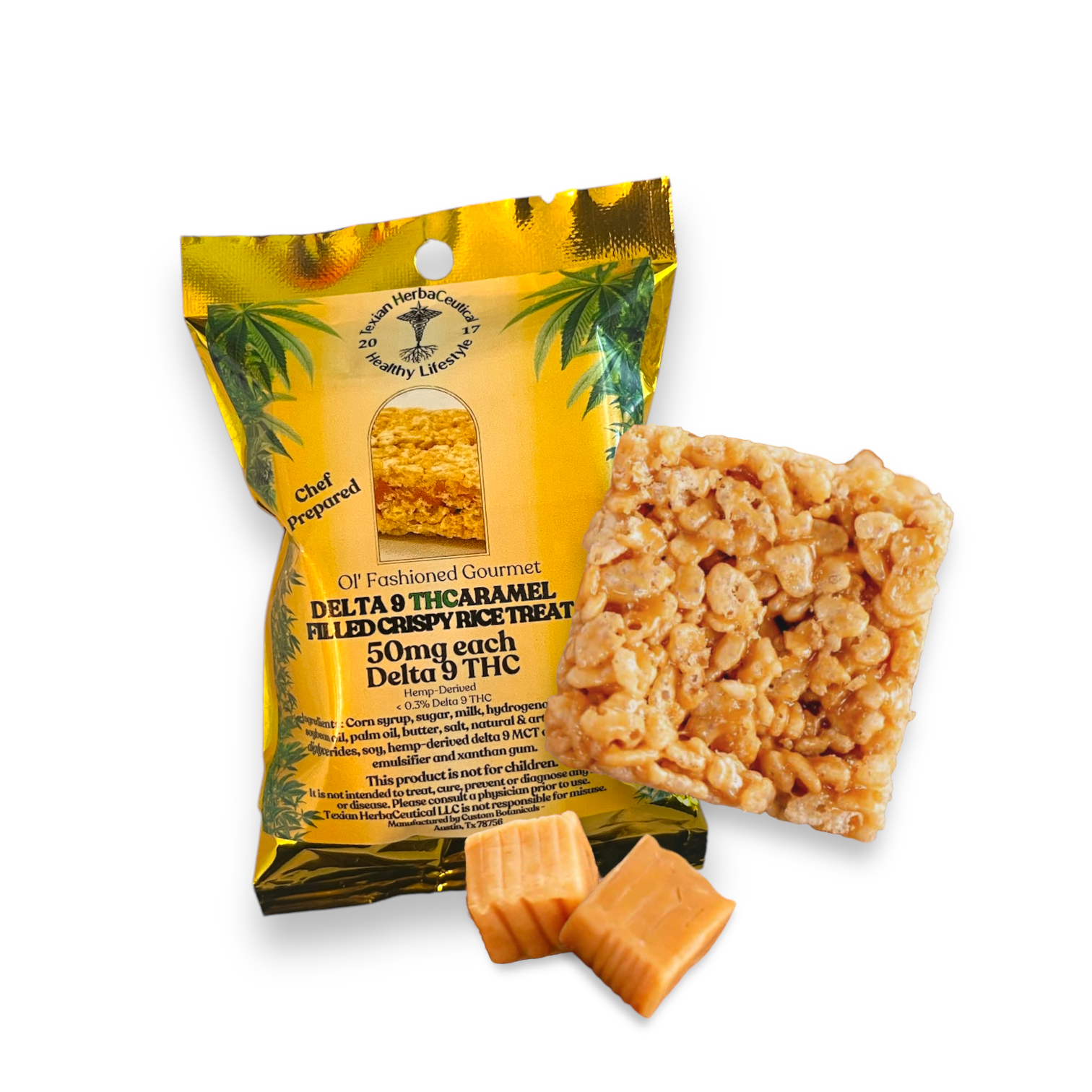 a classic cereal rice Krispy treat with caramel in a gold package featuring 50mg of d9 delta 9 thc from a local Austin hemp company.