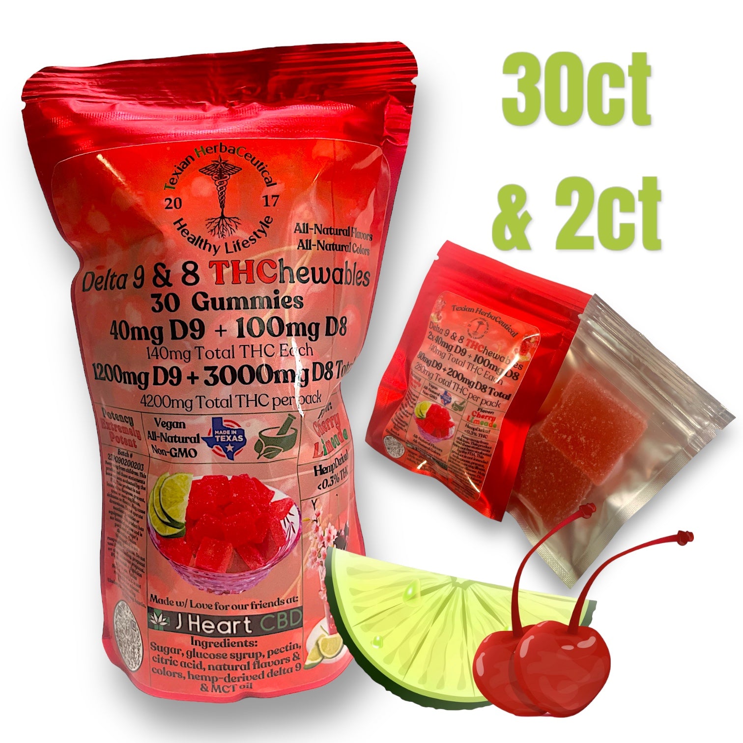 Texian Herbaceutical 40mg Delta 9 THC ( + 100mg Delta 8 THC) Cherry Limeade Gummies - 2ct & 30ct HIGH POTENCY