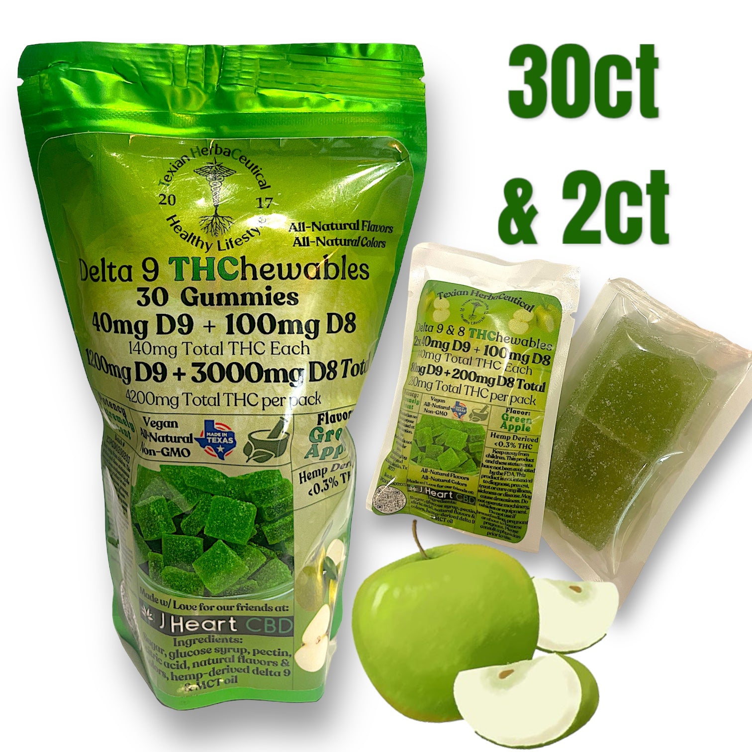 Texian Herbaceutical 40mg Delta 9 THC ( + 100mg Delta 8 THC) Green Apple Gummies - 2ct & 30ct HIGH POTENCY