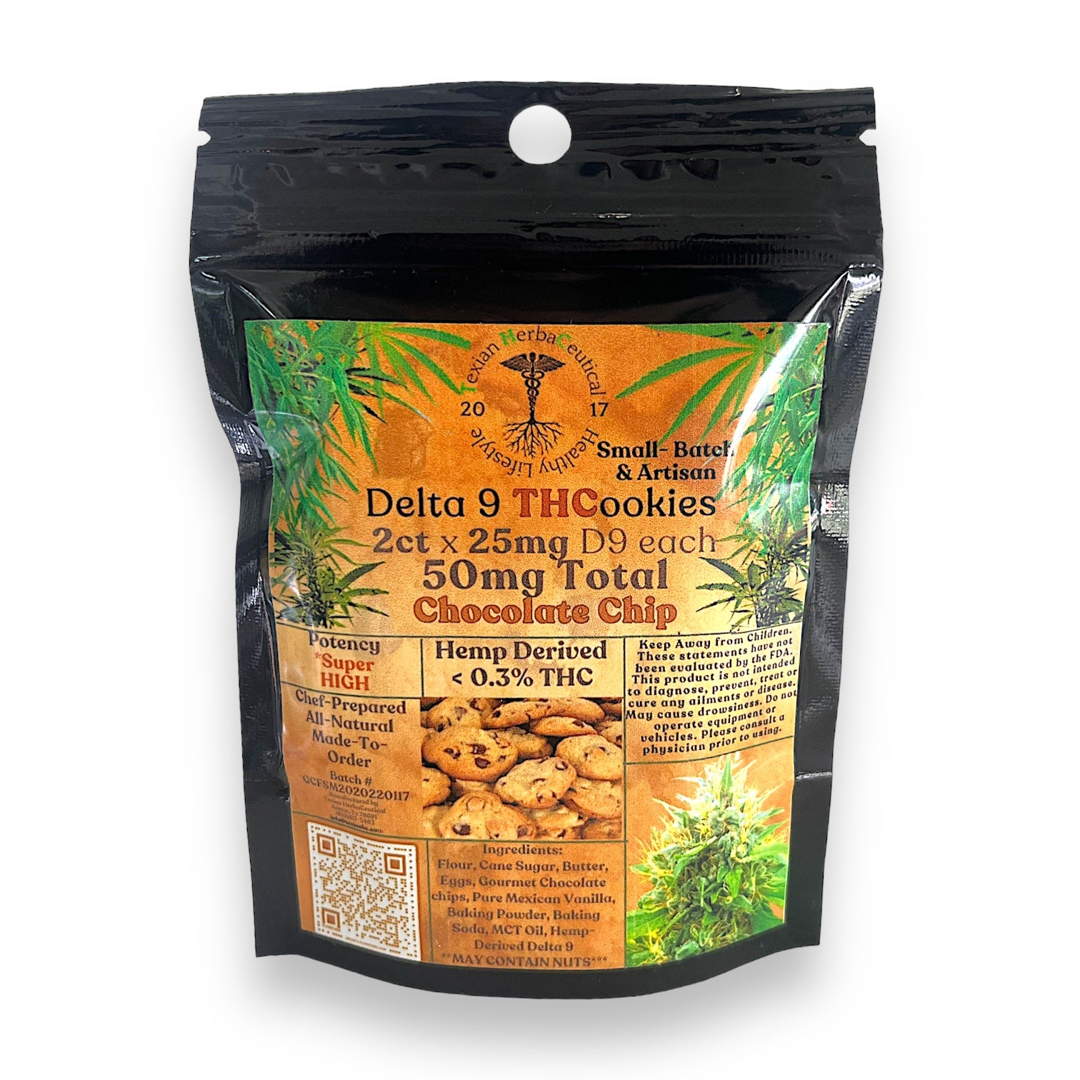 Texian 25mg each Delta 9 THC Chocolate Chip Cookies - 2ct