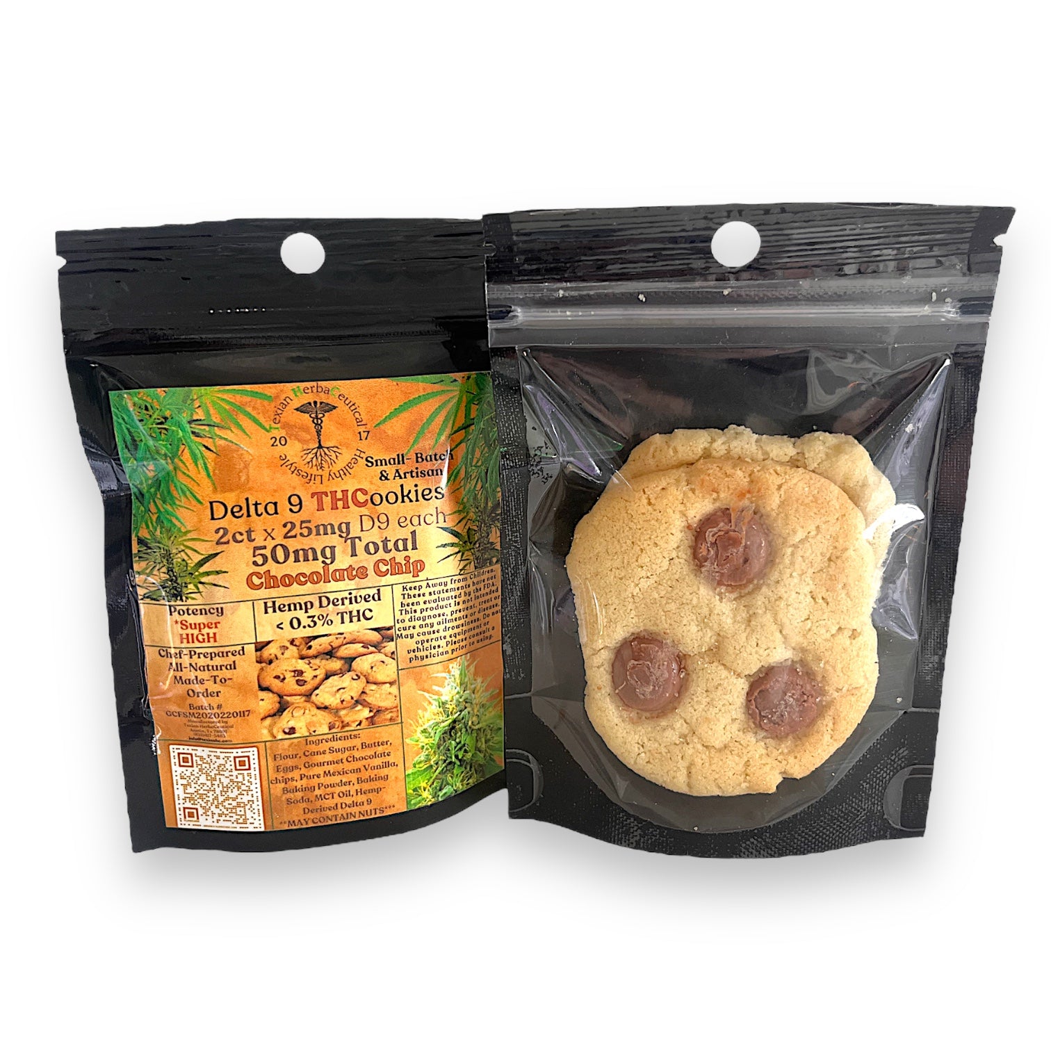 a pic of 2 chocolate chip cookie edibles that 25mg d9 thc each in a black bag made by an Austin local hemp brand. 