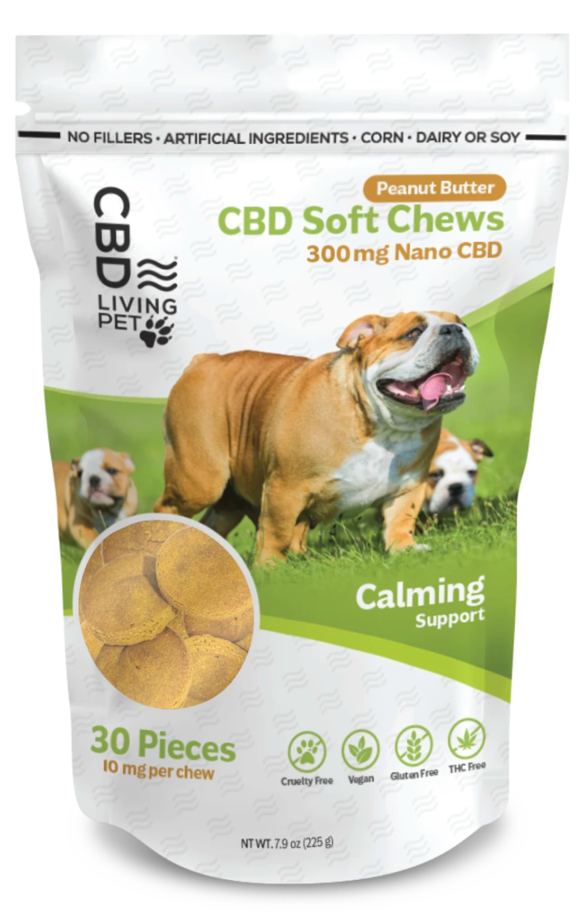 a bag of calming dog treats from cbd living. 