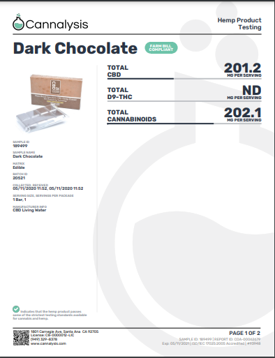 CBD Living 200mg Nano CBD Broad Spectrum Chocolate Bar (THC Free)