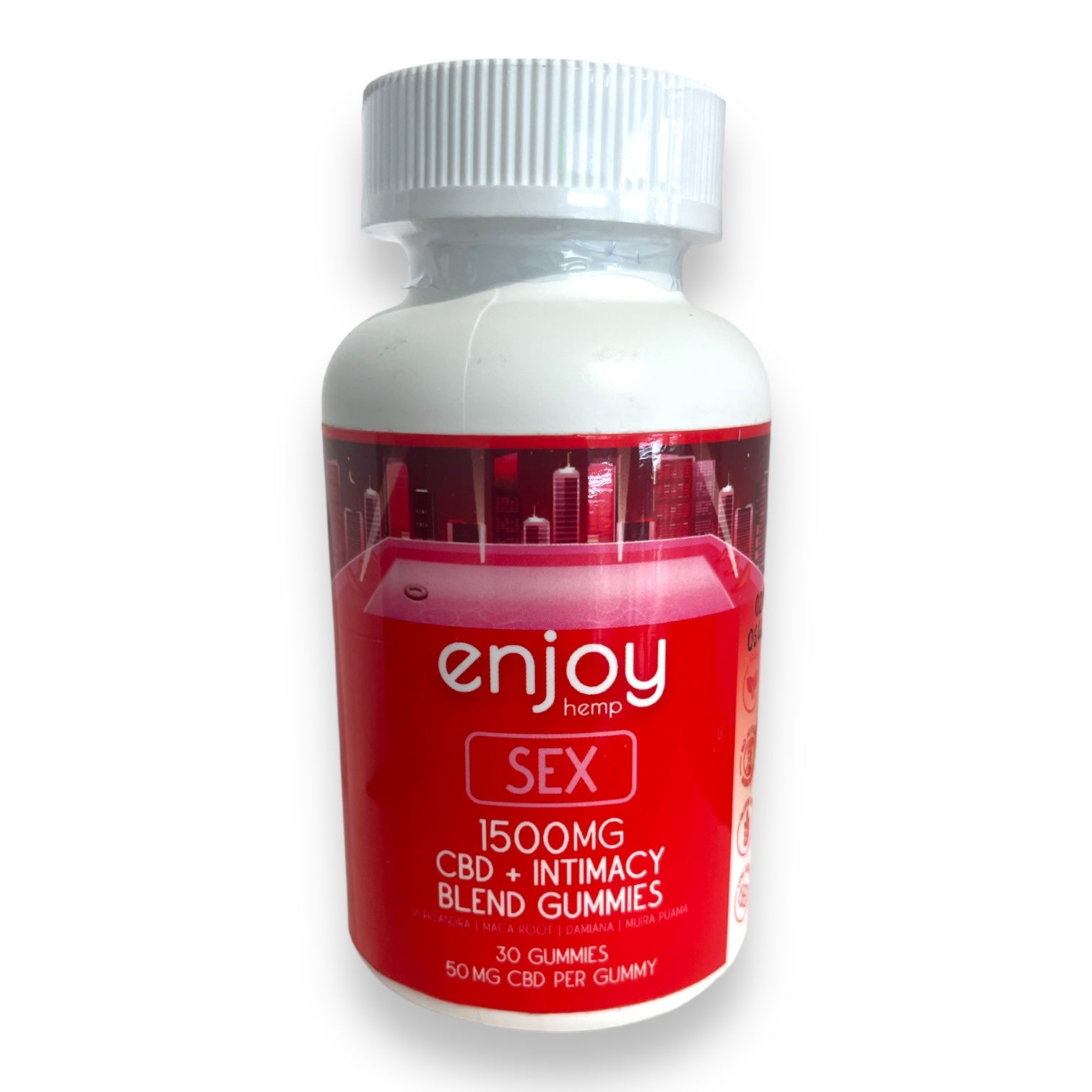a red labeled bottled of full spectrum cbd gummy edibles formulated to help with sex or intimacy issues. 