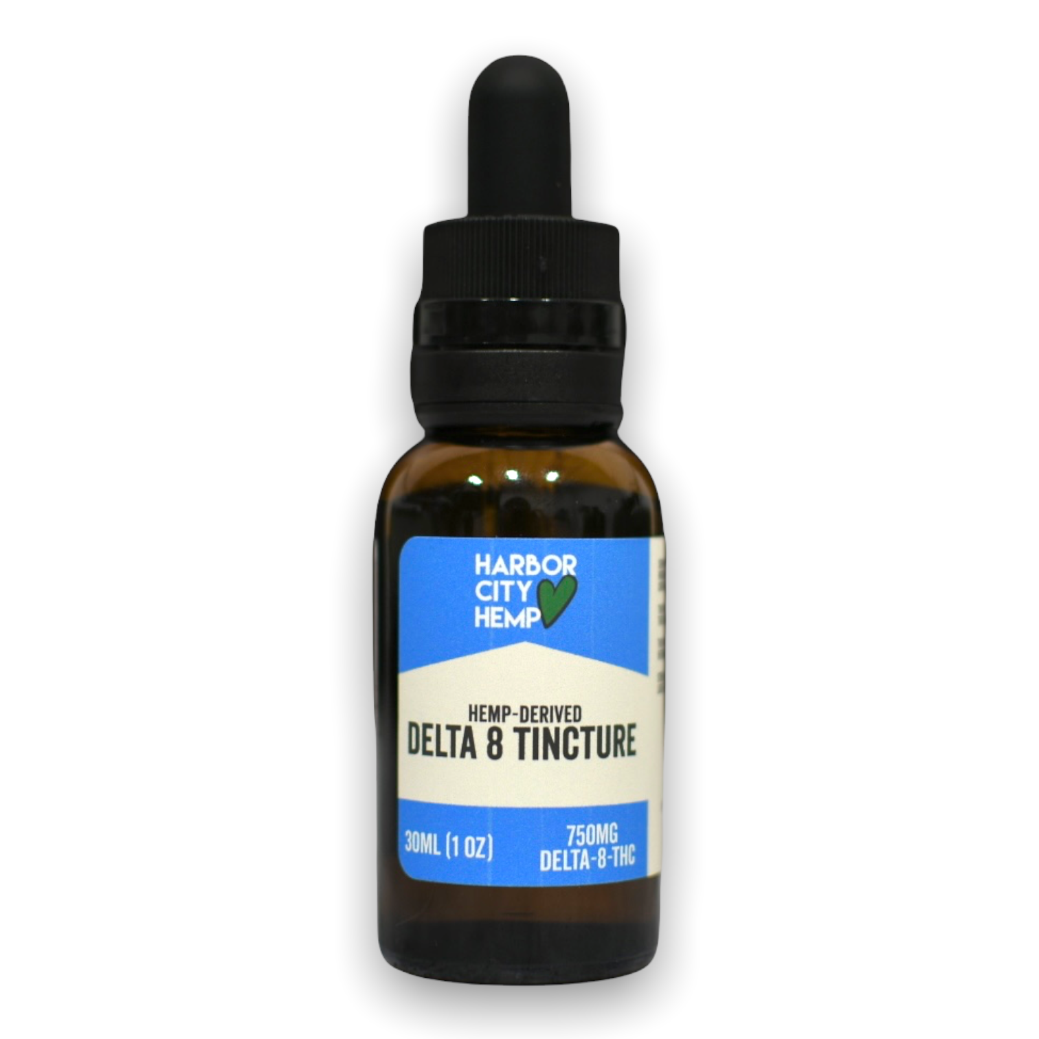 a blue labeled bottle of harbor city hemp's 750mg delta 8 d8 thc tincture oil.