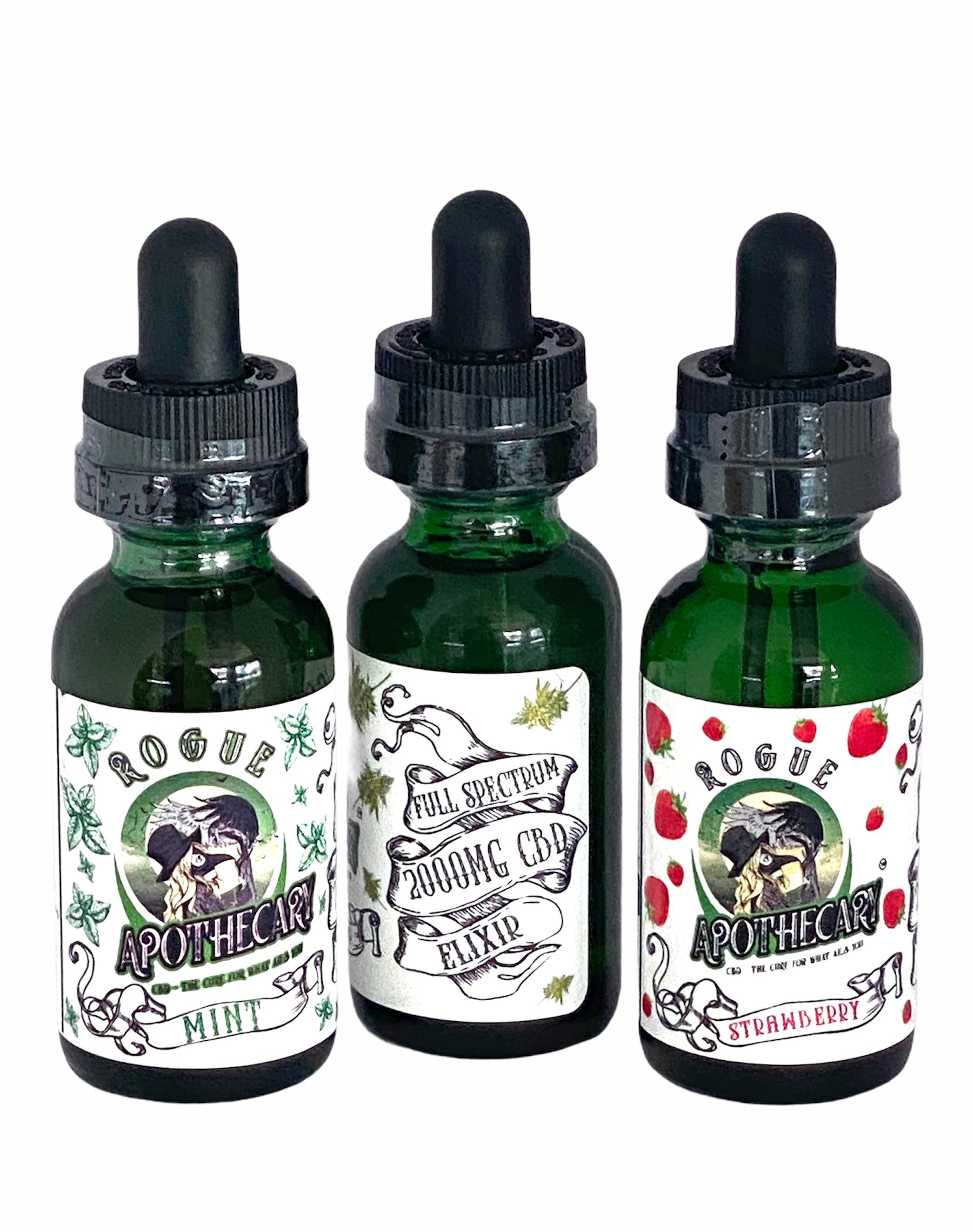 3 tincture bottles containing 2000mg of full spectrum cbd in strawberry, mint, and unflavored oil from rogue shop apothecary.
