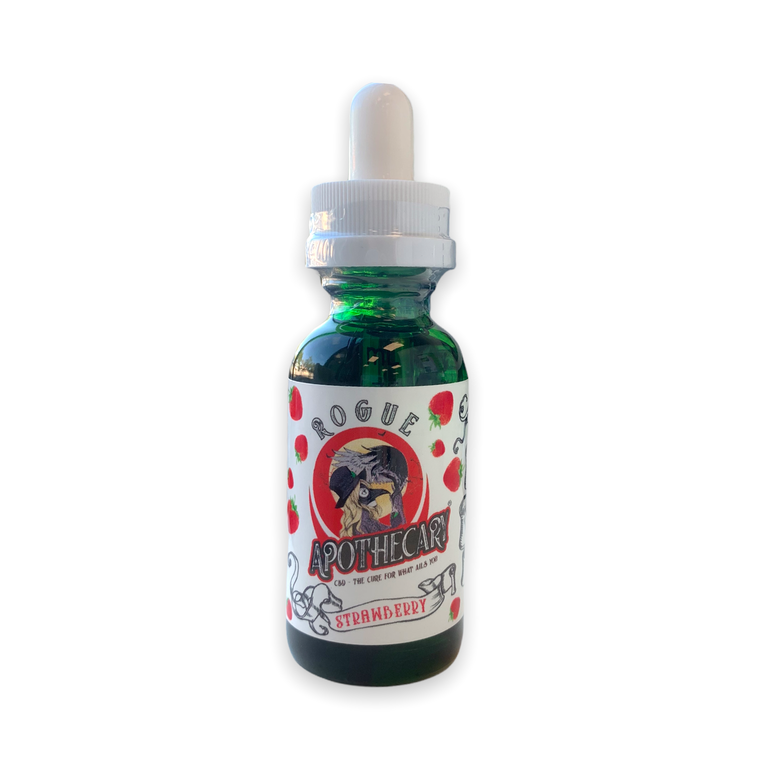a tincture oil bottle with a white cap that is strawberry flavored and contains cbd isolate from rogue apothecary shop.