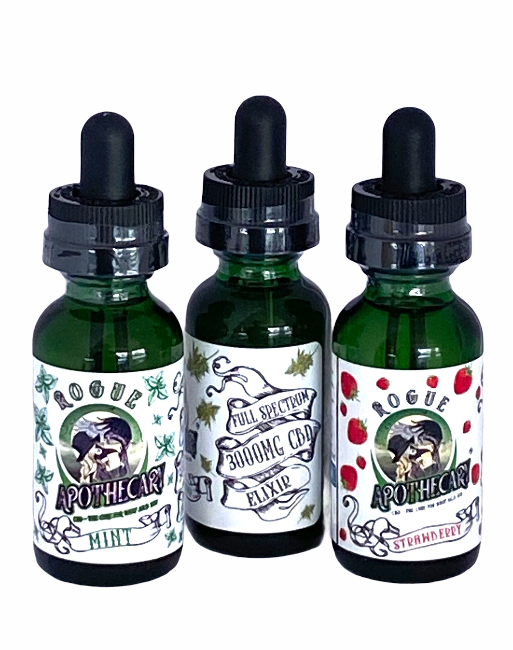 3 tincture bottles containing 3000mg of full spectrum cbd in strawberry, mint, and unflavored oil from rogue shop apothecary.
