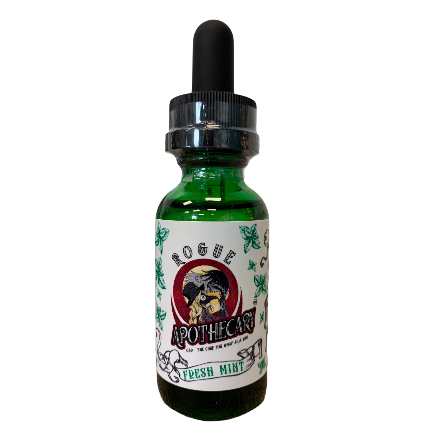 a green tincture bottle from rogue shop apothecary containing 2000mg of mint flavored broad spectrum thc free oil. 