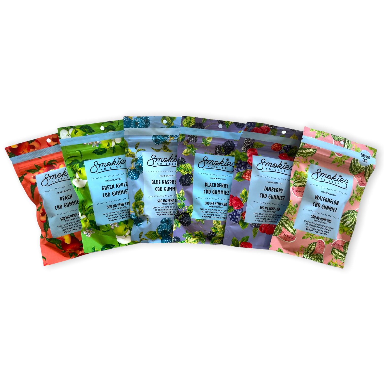 packs of smokiez 20ct 25mg cbd isolate gummies in different flavors. 